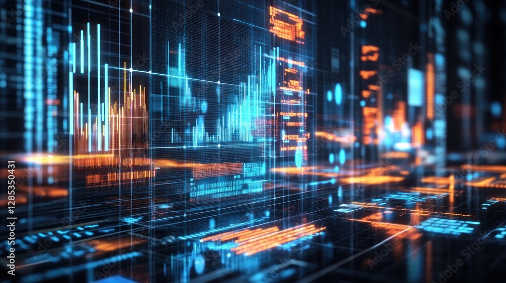 Fototapeta premium Abstract Digital Data Visualization: Futuristic Interface with glowing graphs and code