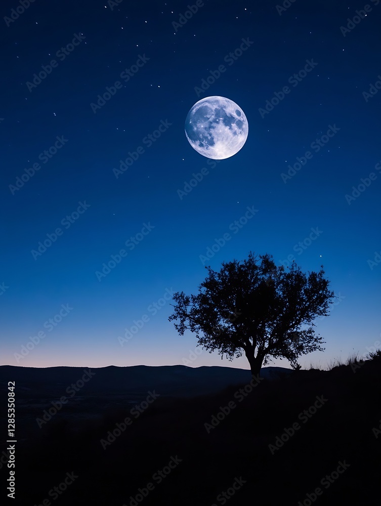 Silhouette of a solitary tree under the moonlight in a serene night sky : Generative AI Silhouette of a solitary tree under the moonlight in a serene night sky : Generative AI