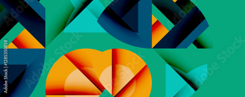 Abstract geometric artwork with interwoven angular and curved shapes, dynamic composition with smooth gradients and bold contrasts