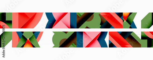 Abstract geometric composition with interlocking circular and angular shapes, featuring smooth gradients and sharp contrasts on a white background