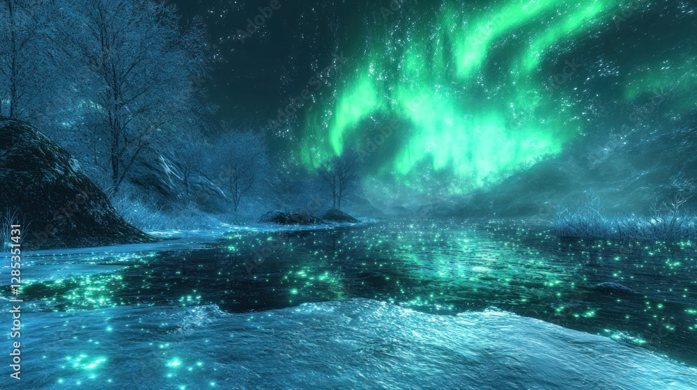 Ethereal Landscape Under Aurora Borealis with Glowing Waters at Night Ethereal Landscape Under Aurora Borealis with Glowing Waters at Night