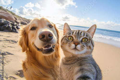 A golden retriever dog and an American Shorthair cat taking a selfie at the beach, with happy expressions