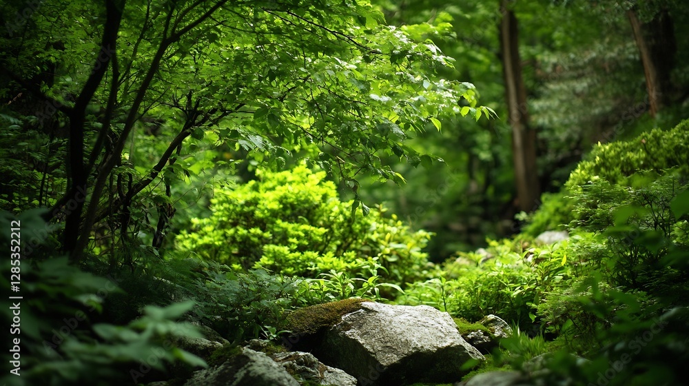 Peaceful Verdant Forest Scene with Lush Greenery and Sunlight Filtering Through the Trees : Generative AI Peaceful Verdant Forest Scene with Lush Greenery and Sunlight Filtering Through the Trees : Generative AI