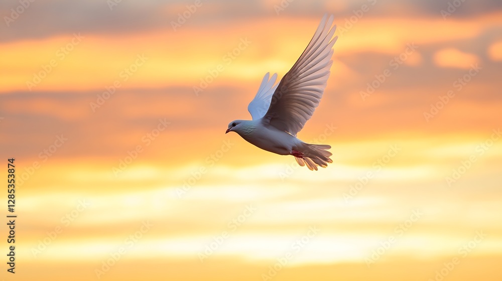 Fototapeta premium Majestic White Dove in Flight Against a Vibrant Sunset Sky : Generative AI