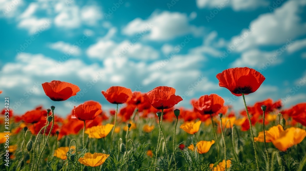 Obraz premium Vibrant Wildflowers Blooming Under a Blue Sky With Fluffy Clouds in a Sunlit Field During Springtime