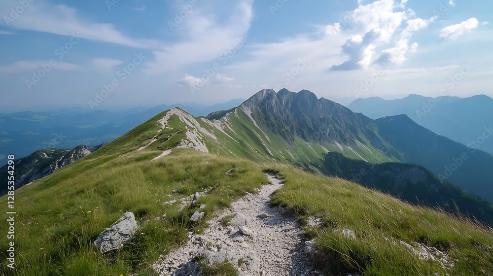 Stunning Mountain Landscape with Trail Surrounded by Lush Green Hills under Clear Blue Sky : Generative AI Stunning Mountain Landscape with Trail Surrounded by Lush Green Hills under Clear Blue Sky : Generative AI