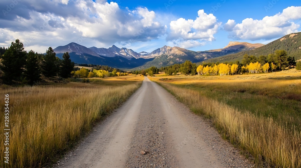 Fototapeta premium Scenic View of Country Road with Mountains and Fields : Generative AI
