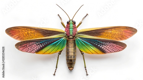 Vibrant Grasshopper Unveiled: A dazzling grasshopper showcases its rainbow wings in a close-up shot, highlighting the exquisite details of the insect's form.