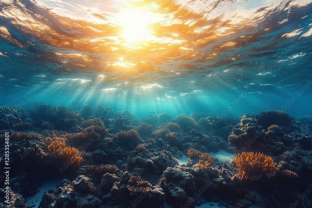 Fototapeta premium Sunlight Streaming Through Turquoise Underwater Scene With Coral Reefs and Textured Seafloor Creates a Calming Exploration Theme