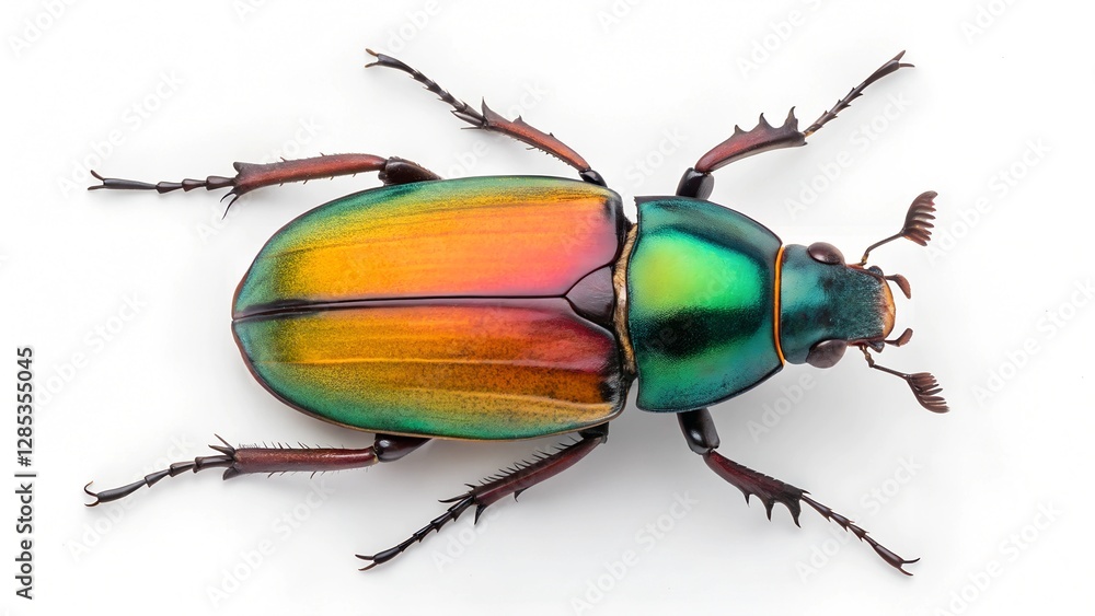 Fototapeta premium Jewel Beetle: A stunning top-down view of a vibrant jewel beetle, showcasing its iridescent, multi-colored exoskeleton, meticulously captured in vivid detail. 