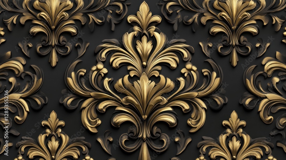 Elegant Gold Floral Pattern on Dark Background: Luxurious Baroque Design Elegant Gold Floral Pattern on Dark Background: Luxurious Baroque Design