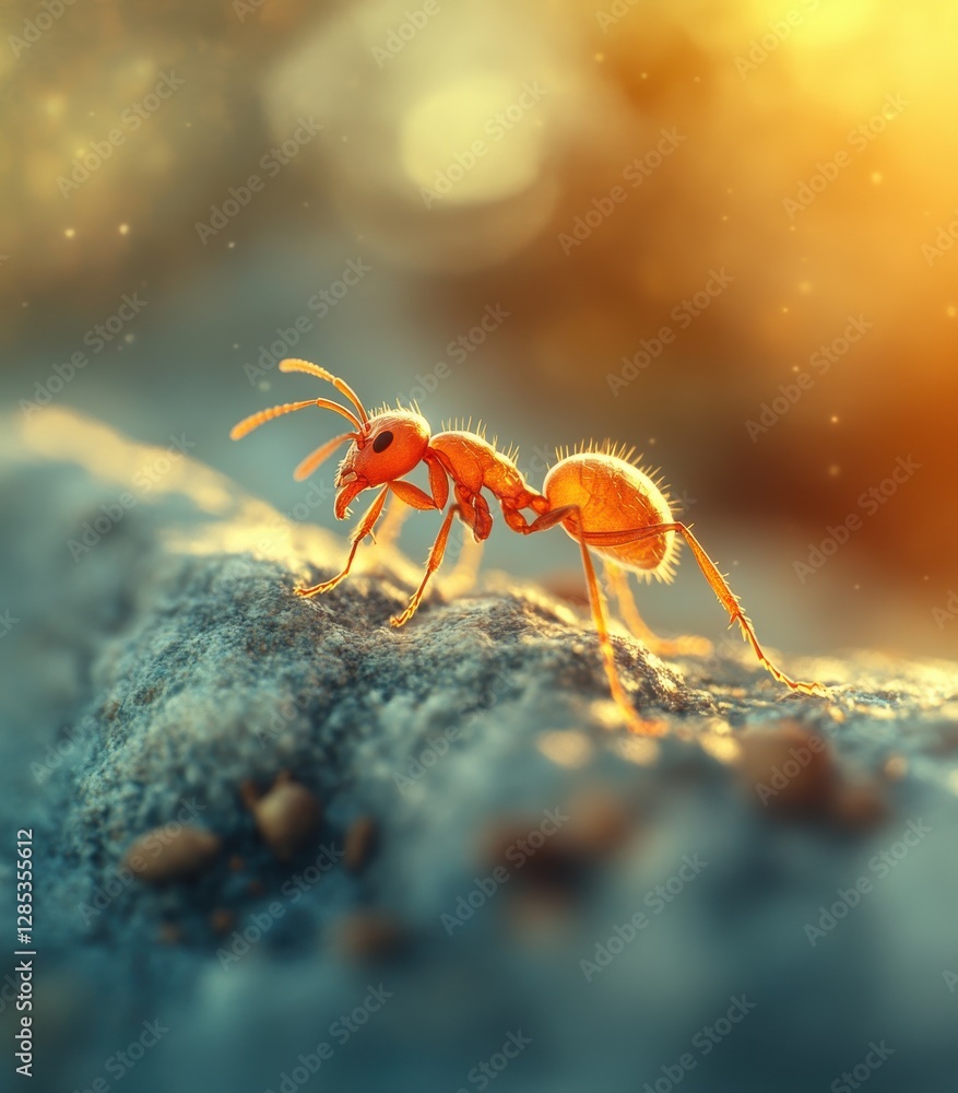 Close-up of a vibrant red ant on a rock, bathed in warm sunlight. Close-up of a vibrant red ant on a rock, bathed in warm sunlight.