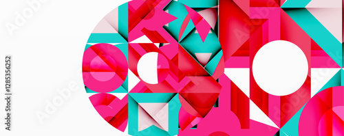Abstract geometric composition with interlocking circular and angular shapes, featuring smooth gradients and sharp contrasts on a white background