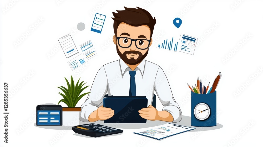 Professional man with tablet and documents in modern workspace, showcasing productivity and technology in business Professional man with tablet and documents in modern workspace, showcasing productivity and technology in business