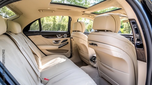 Luxurious Interior of High End Car Featuring Premium Leather Seats and Panoramic Sunroof : Generative AI photo