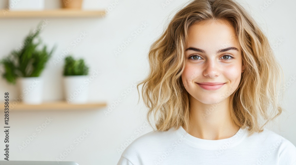 Radiant Smile: A portrait of a beautiful young woman with a genuine smile, captivating with her charm, framed against a minimalist home background. Radiant Smile: A portrait of a beautiful young woman with a genuine smile, captivating with her charm, framed against a minimalist home background.