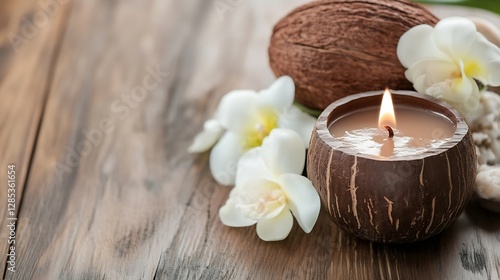 A Natural Coconut Candle Surrounded by White Orchids on a Rustic Table : Generative AI