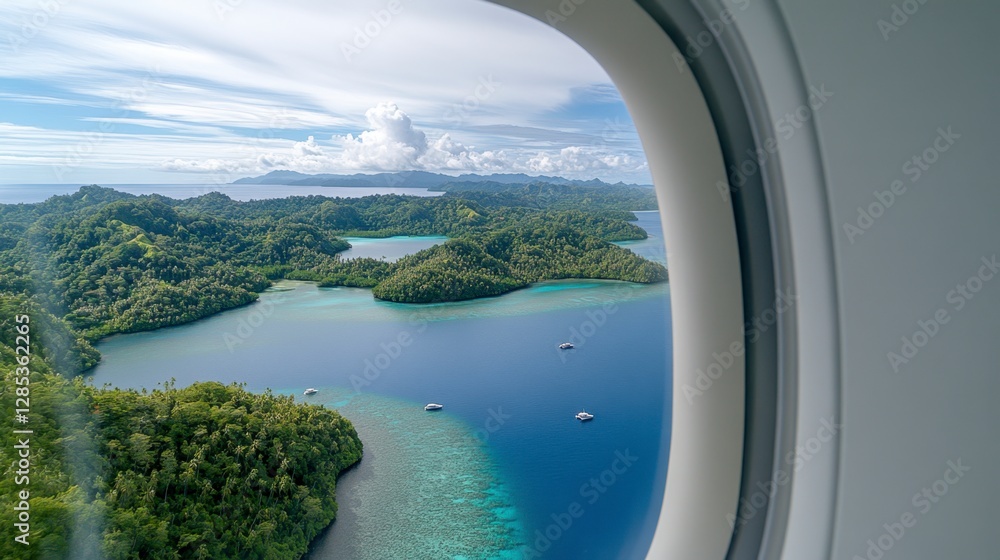 Obraz premium Aerial view of tropical islands from airplane window, showing lush green vegetation, calm blue ocean, and small boats. Bright sunlight, clear sky