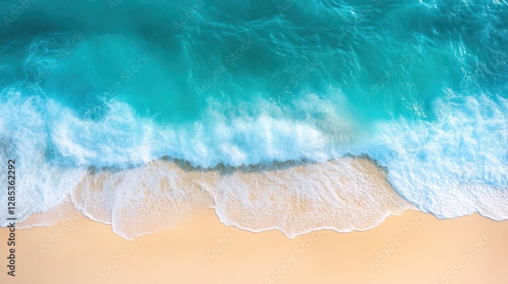 Aerial View of Waves Crashing on Golden Sand Beach Under Clear Skies Aerial View of Waves Crashing on Golden Sand Beach Under Clear Skies