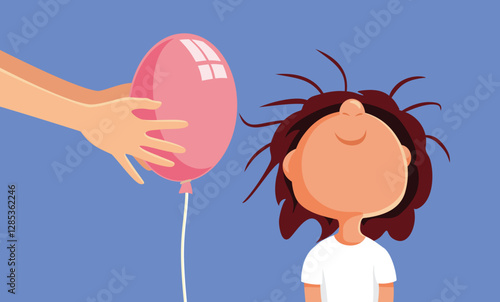 Parent Rubbing a Balloon on Hair Proving Static Energy Vector Cartoon. Cheerful boy learning from easy physics experiments

