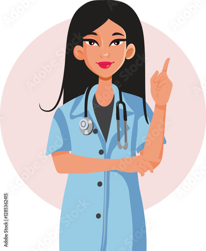 Happy Doctor Pointing with Her Finger Up Vector Cartoon Character. General practitioner recommending giving medical advice 

