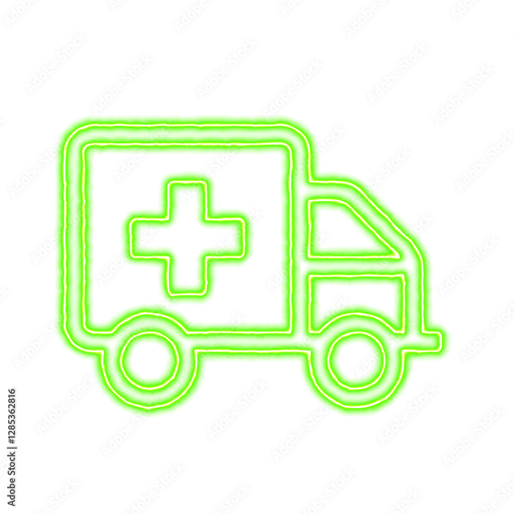 Icon ambulance car from the flow of energy of green color. Shimmering neon Icon ambulance car from the flow of energy of green color. Shimmering neon