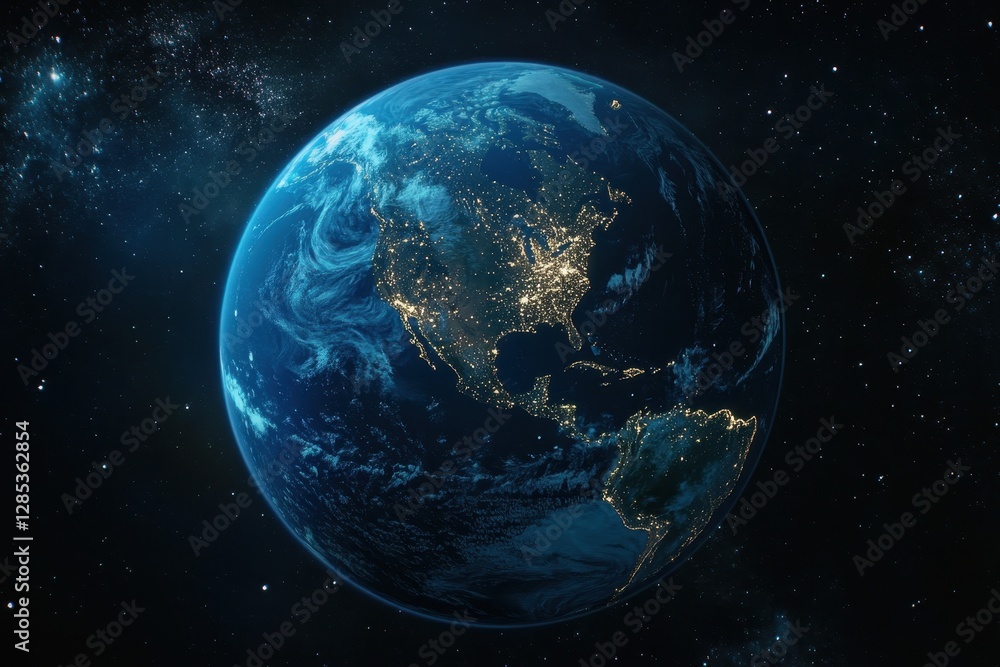 Naklejka premium Stunning view of Earth from space showing illuminated continents during nighttime, 3D Earth Connections Global Technology Woldwide Digital Networkfrom Tokyo,Japan
