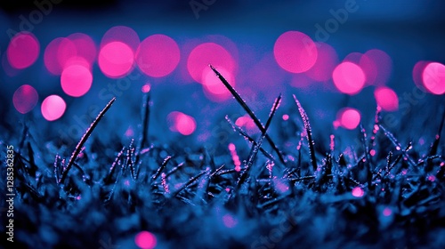Frosted grass, pink bokeh, night, garden, background