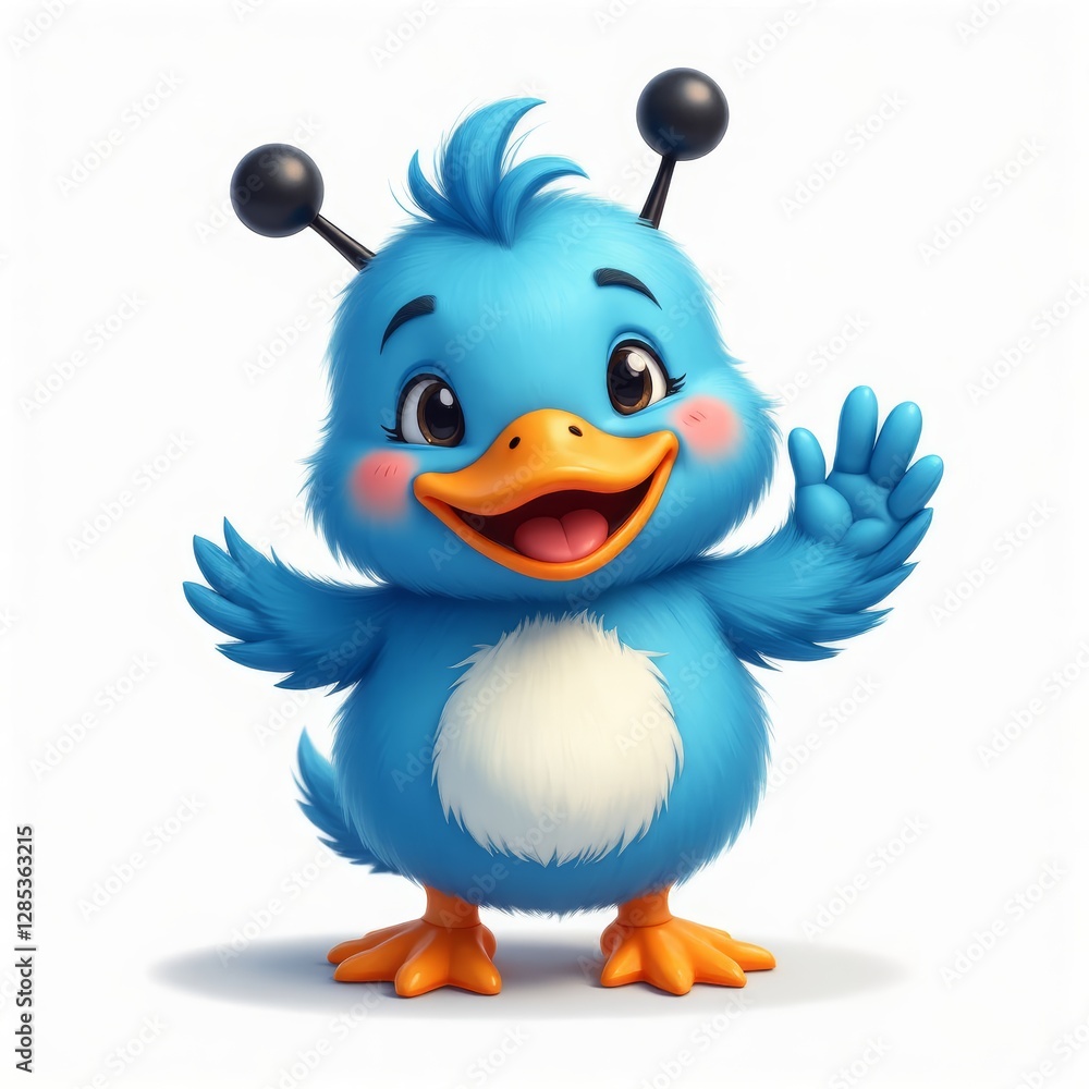 Cheerful Blue Cartoon Bird Mascot Waving Hello Cheerful Blue Cartoon Bird Mascot Waving Hello