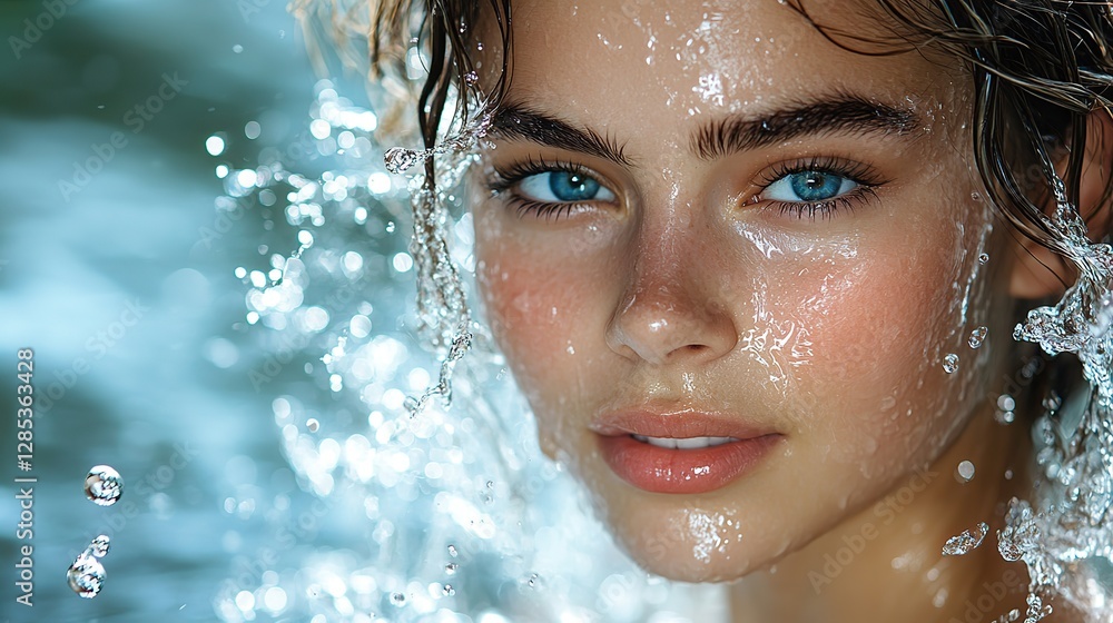 A refreshing water concept featuring a female model with water splashing around her Use this water splash image for product mockups, marketing materials, or advertising campaigns A refreshing water concept featuring a female model with water splashing around her Use this water splash image for product mockups, marketing materials, or advertising campaigns