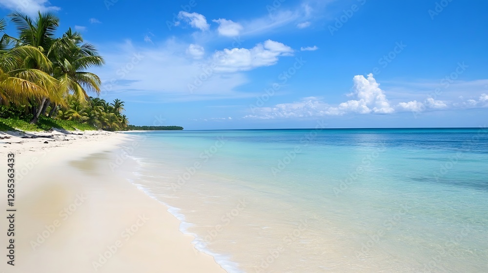 Idyllic Tropical Beach Scene with Golden Sand Clear Blue Water Lush Palm Trees and Beautiful Sky : Generative AI Idyllic Tropical Beach Scene with Golden Sand Clear Blue Water Lush Palm Trees and Beautiful Sky : Generative AI