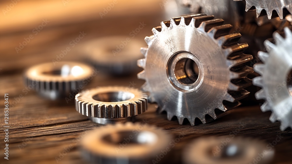 Close-Up of Metal Gears on Wooden Surface Highlighting Manufacturing Detail : Generative AI Close-Up of Metal Gears on Wooden Surface Highlighting Manufacturing Detail : Generative AI