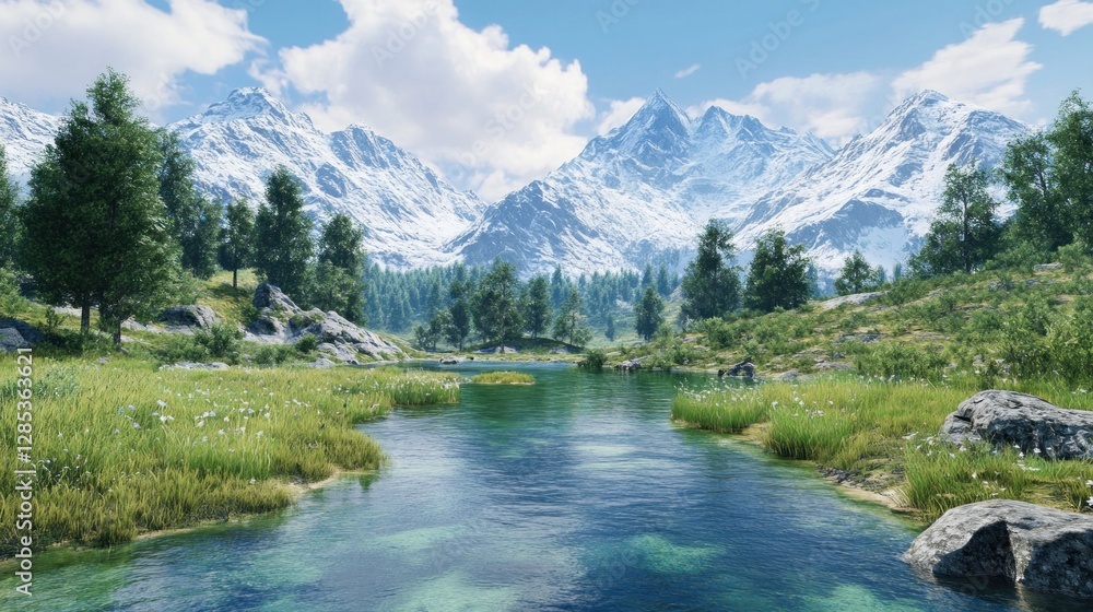 Serene Mountain Landscape with Crystal Clear River Under Bright Blue Sky Serene Mountain Landscape with Crystal Clear River Under Bright Blue Sky
