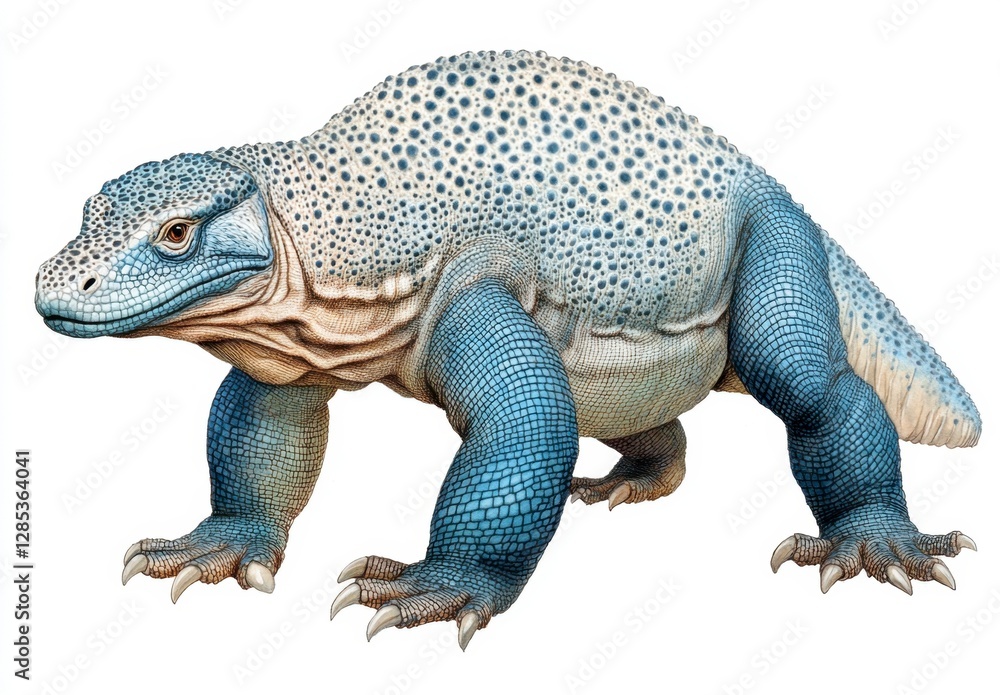 Obraz premium Detailed illustration of a Komodo dragon, predominantly blue and beige, against a white background. The reptile is depicted in a walking pose