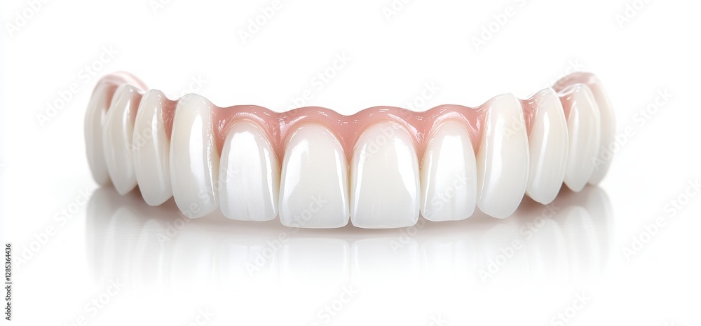 Fototapeta premium Full set of bright white artificial teeth with pink gum line, isolated on white background. Dental, healthcare, aesthetic dentistry concept