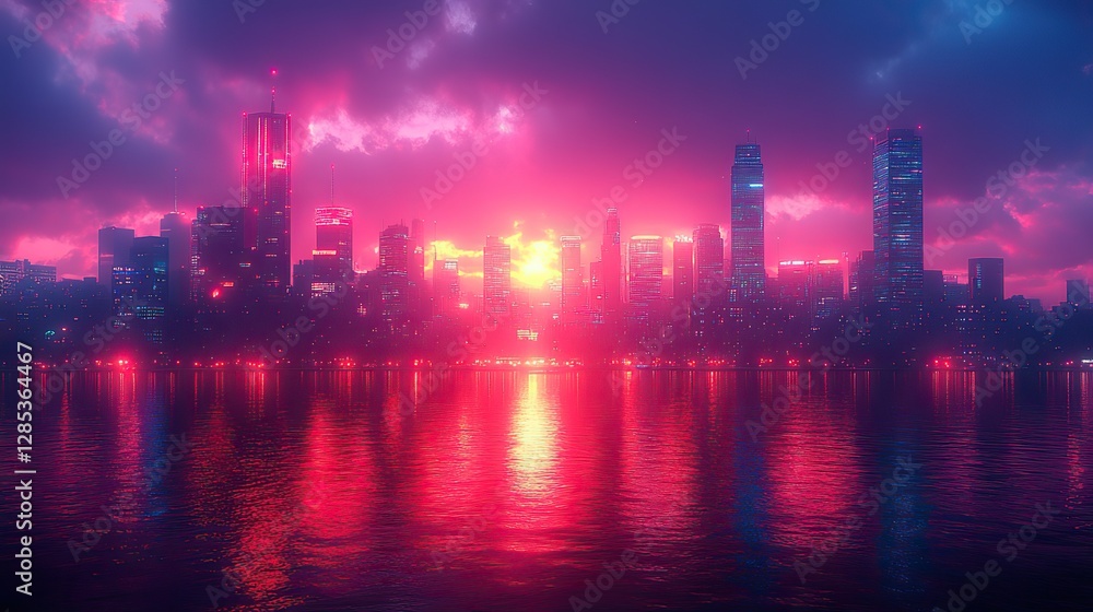 A retro futuristic cityscape pulses with neon light against a dark grid, creating a dynamic and vibrant scene A retro futuristic cityscape pulses with neon light against a dark grid, creating a dynamic and vibrant scene