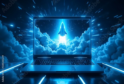 Futuristic Laptop Displaying Rocket Launching Through Clouds, Neon Blue Glow, Innovation and Technology Concept, Digital Transformation.