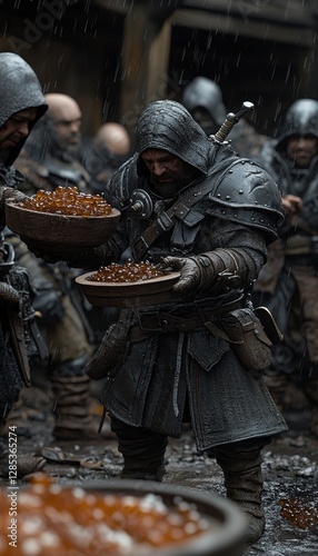 Wallpaper Mural Medieval warrior in the rain, carrying bowls of amber-colored gems. Torontodigital.ca