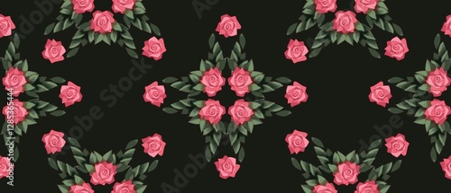 seamless floral pattern with symmetrical pink roses and lush green leaves arranged in a geometric style on a deep dark background fit for fabric prints, wallpaper, gift wrapping, and home decor