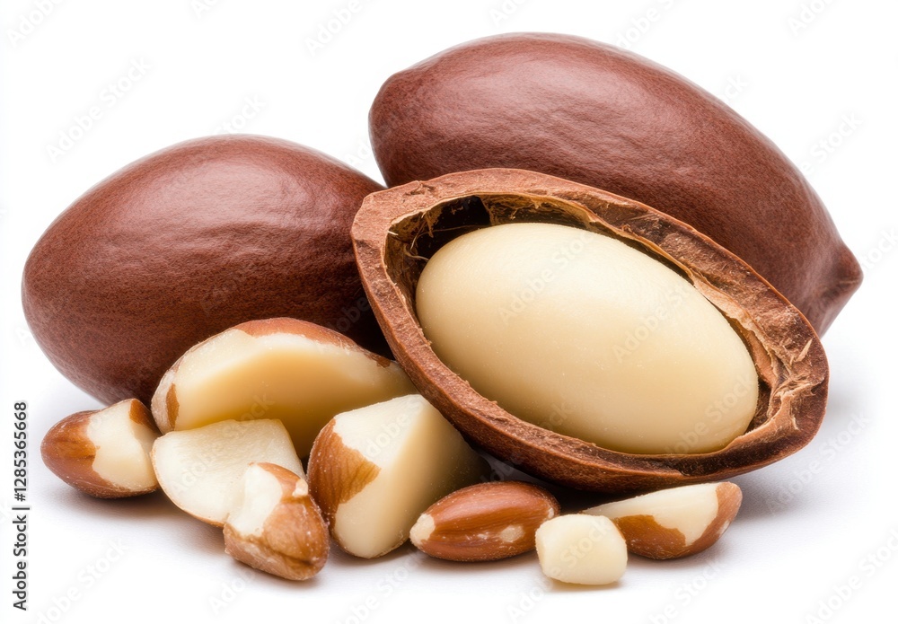 Close up of shea nuts, one cracked open to reveal the creamy kernel, alongside several smaller pieces on a white background. High key lighting Close up of shea nuts, one cracked open to reveal the creamy kernel, alongside several smaller pieces on a white background. High key lighting