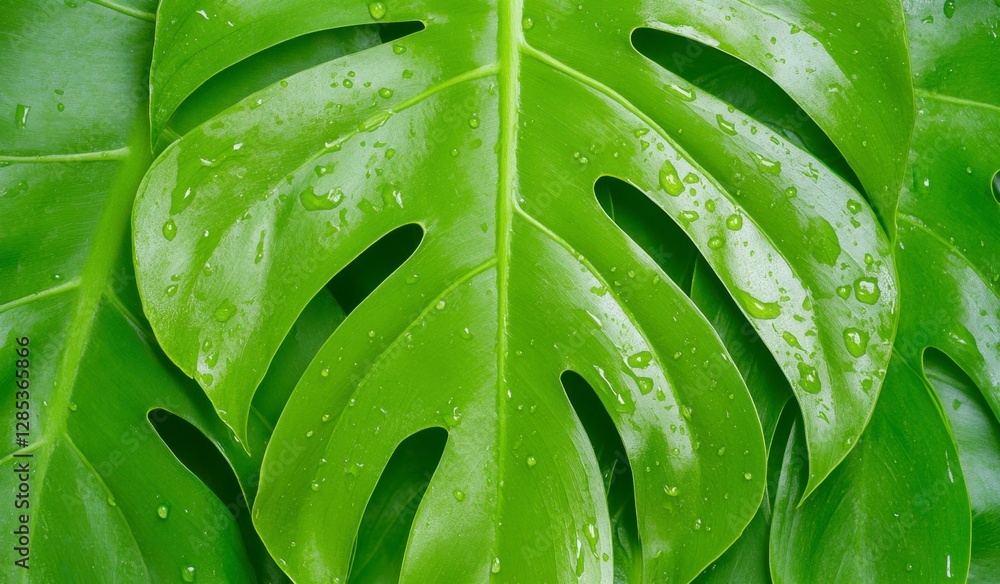 Obraz premium Close up view of vibrant green tropical leaves with water droplets, showcasing detailed texture and natural freshness