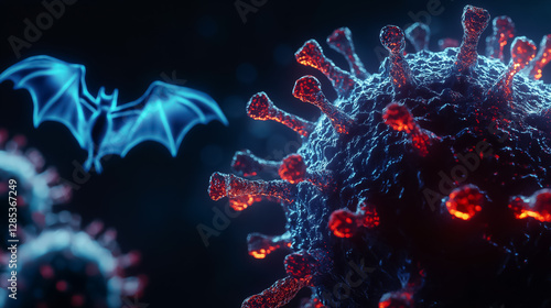 3D image of a virus with a holographic image of a bat in the background. New virus found in bats can spread to humans.