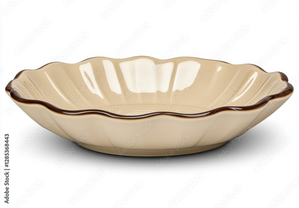 Cream colored ceramic bowl with a flower like shape and a brown rim, isolated on a white background. The bowl has a fluted design and a slightly Cream colored ceramic bowl with a flower like shape and a brown rim, isolated on a white background. The bowl has a fluted design and a slightly