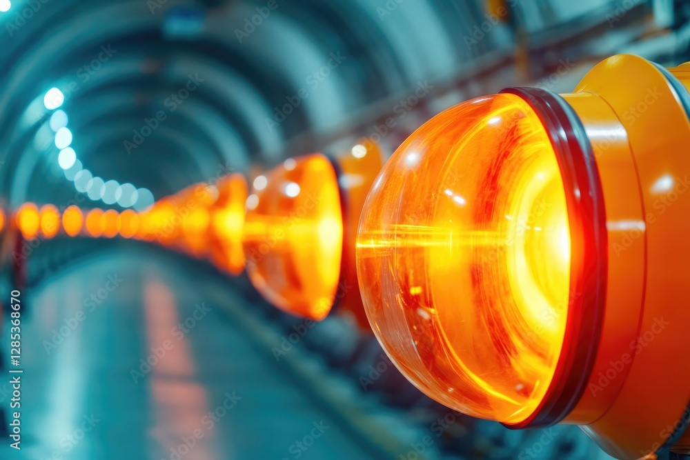 Obraz premium panoramic view of large hadron collider intricate tunnel with glowing energy beams and vast expanse