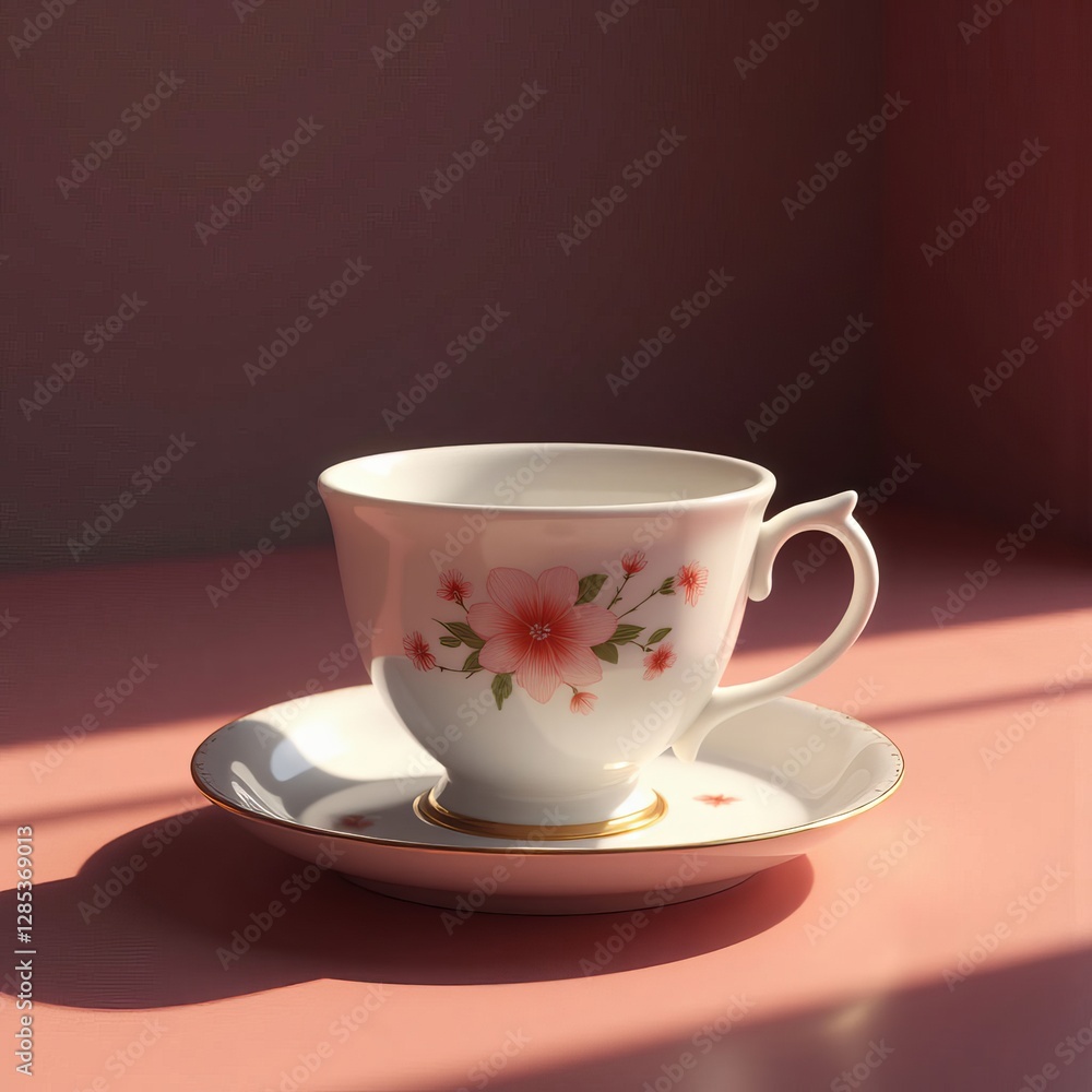 Elegant floral tea cup on saucer in sunlight Elegant floral tea cup on saucer in sunlight