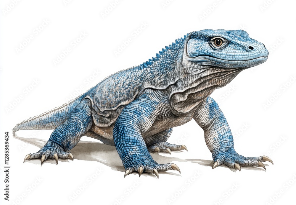 Obraz premium Detailed illustration of a blue monitor lizard on a white background. The lizard is depicted in a three quarter view, showcasing its scales and