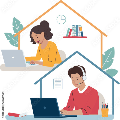 Flat vector Illustrations design technology remote working for online education and learning concept and students use computers for studying