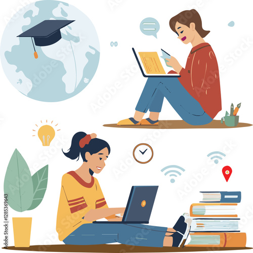 Flat vector Illustrations design technology remote working for online education and learning concept and students use computers for studying