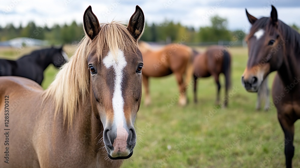 Naklejka premium Stunning Close Up of Horses in a Green Pasture Under a Blue Sky : Generative AI