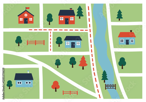 Street map clipart. This image shows a simple, colorful map with houses, trees, a river, and roads. Vector illustration design.